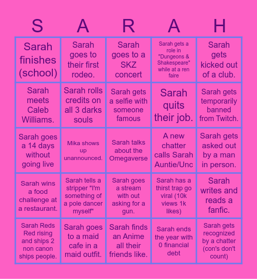 Sarah Sweetiie's 2026 Bingo Card
