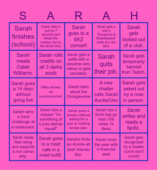 Sarah Sweetiie's 2026 Bingo Card