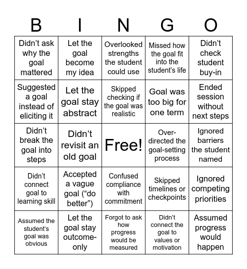 Fail Goal Bingo Card