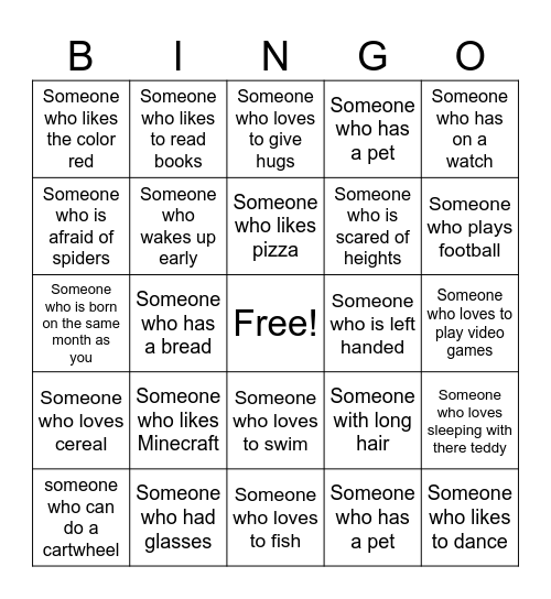 Get to know me Bingo Card