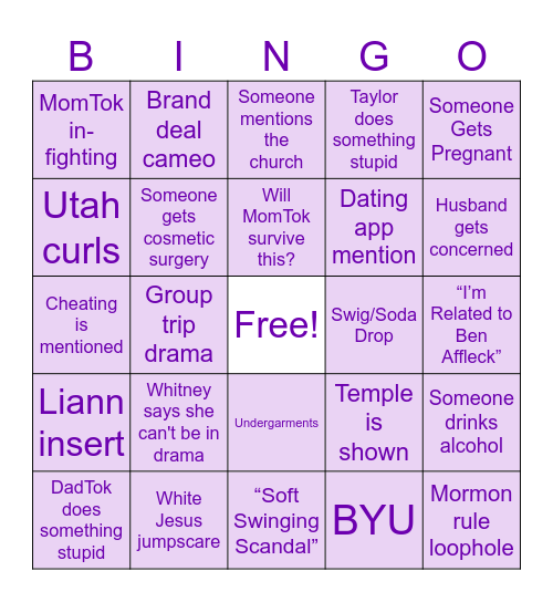 Mormon Wives Bingo Card