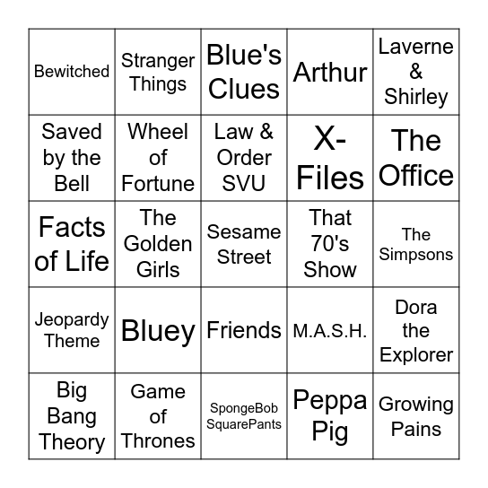 TV Theme Songs Bingo Card
