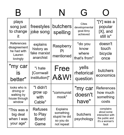 Weekend with Cameron Bingo Card