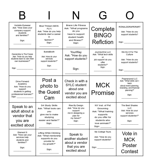 Student Partner Bingo Card