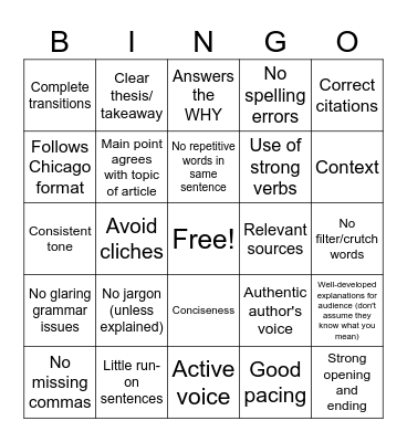 Editing Workshop Bingo Card