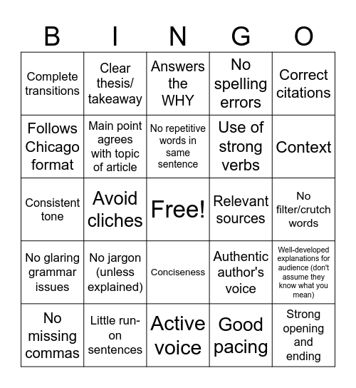 Editing Workshop Bingo Card