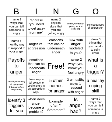 Anger Bingo Card