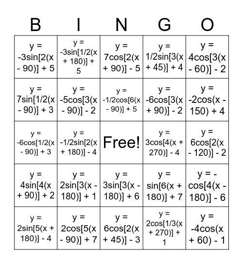 Trig Functions Bingo Card