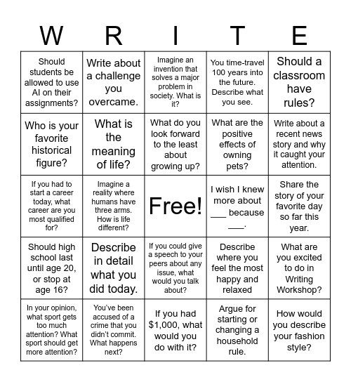 Writing Workshop Bingo Card