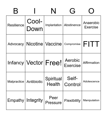 Health Exam Reivew Bingo Card