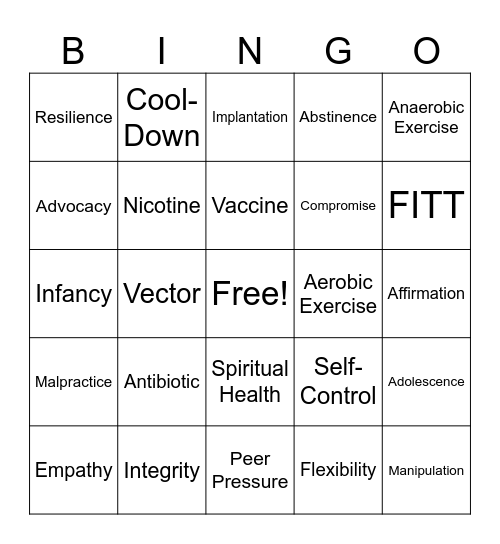Health Exam Reivew Bingo Card