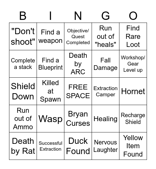 Dechart Games ARC Raiders Bingo Card
