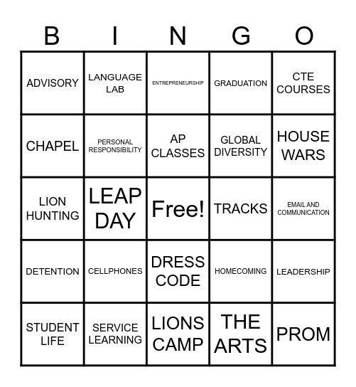 WSCS JUMP UP TO HIGH SCHOOL Bingo Card