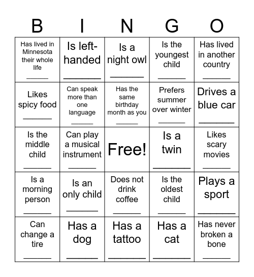 Mingle Bingo Card