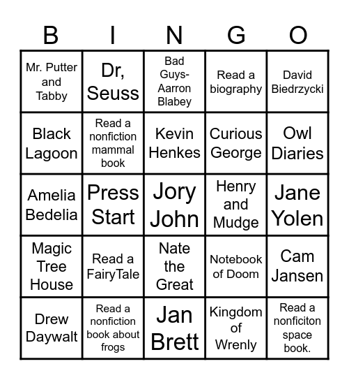1st Grade Reading Challenge Bingo Card