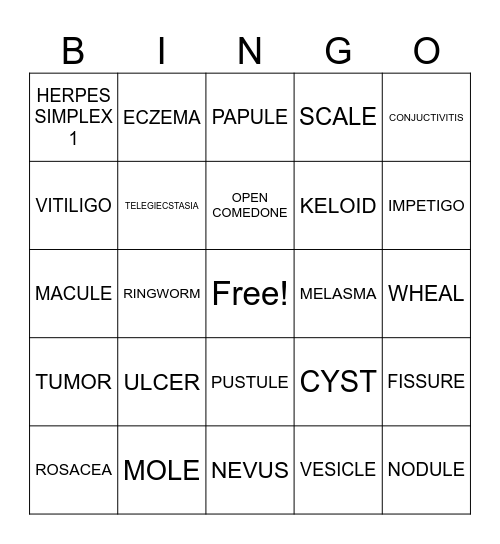 Disorders and Diseases of the Skin Bingo Card