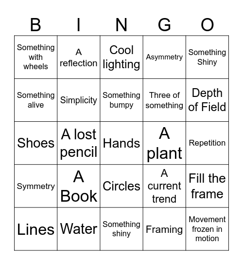 Photography Scavenger Hunt Bingo Card