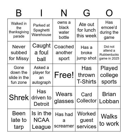 RubberDucks Staff Bingo Card