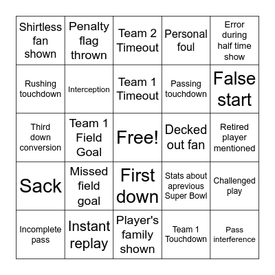 Super Bowl Bingo Card