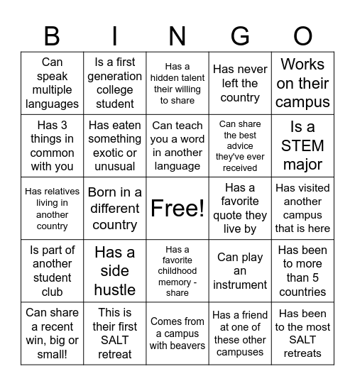 SALTy Human Bingo Card