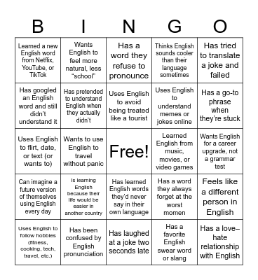 English Speaking Bingo Card