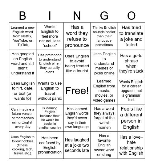English Speaking Bingo Card