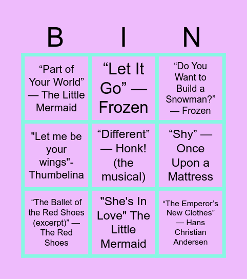 Hans Christian Andersen Fairytales Bingo Card