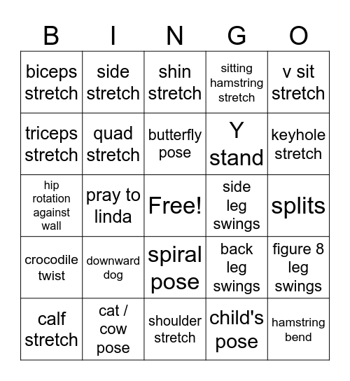 Stretch/ flexibility Bingo Card