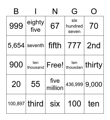 Numbers Bingo Card