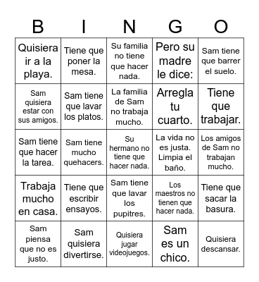 Los quehaceres mini cuento Bingo Card