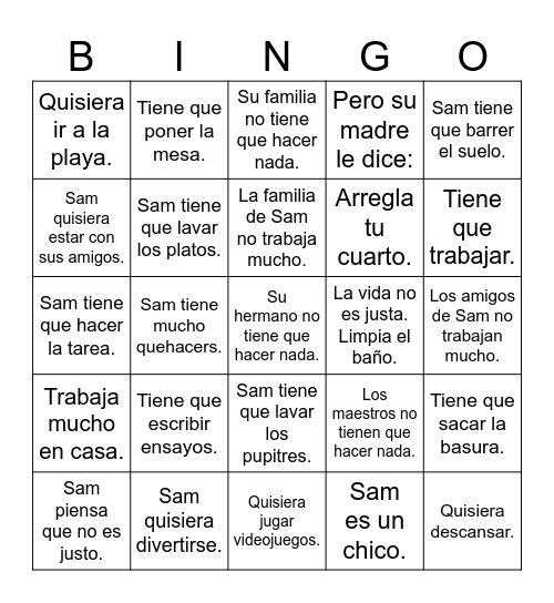 Los quehaceres mini cuento Bingo Card