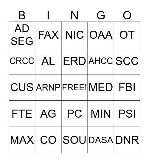 DOC Bingo Card