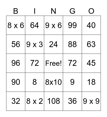 Multiplication Facts 8's & 9's Bingo Card