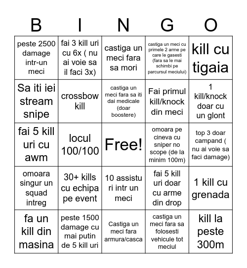 PUBG MOBILE BINGO Card