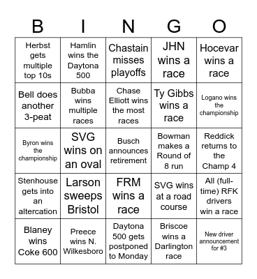 2026 NASCAR Bingo Card Bingo Card