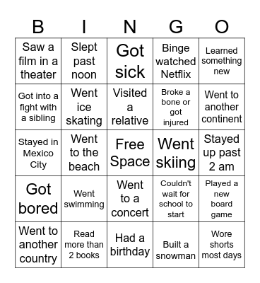 Back-to-School Bingo - What did you do over the holiday? Bingo Card