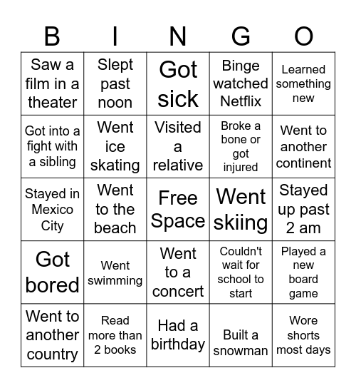 Back-to-School Bingo - What did you do over the holiday? Bingo Card