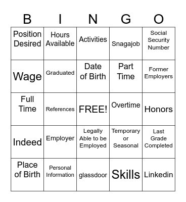 Job Application Bingo Card