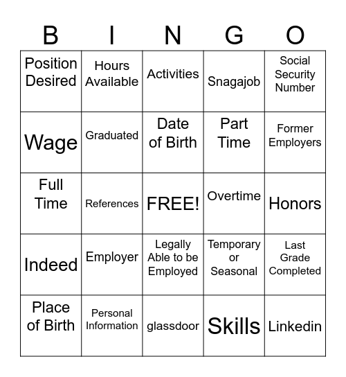 Job Application Bingo Card