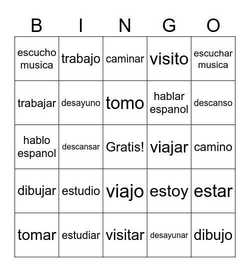 -ar verbs infinitive and "Yo" form Bingo Card
