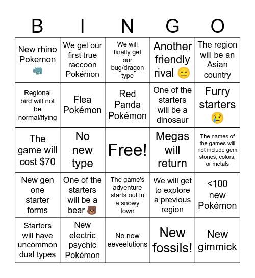 Pokémon Gen 10 Bingo Card