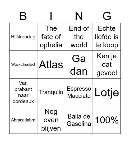 Muziekbingo Card