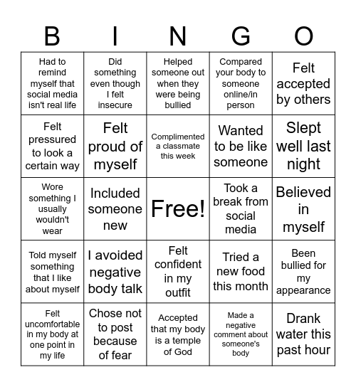 Body Positivity Bingo Card