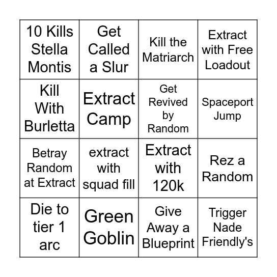 Arc RaiderS Bingo Card