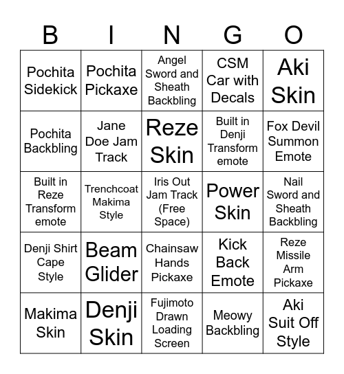 CSM x Fortnite Bingo Card