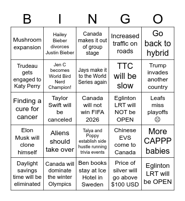 Predictions for 2026 Bingo Card