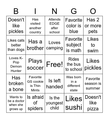 Girl Scout "Get to Know You" Bingo Card
