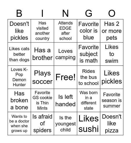 Girl Scout "Get to Know You" Bingo Card