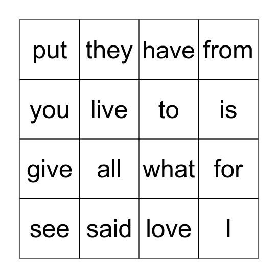 Sight Word Bingo Card