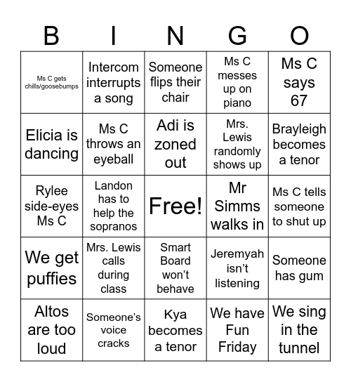 Concert Choir Bingo Card